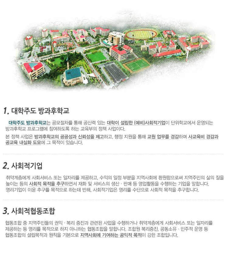 1. 대학주도 방과후학교-   대학주도 방과후학교는 공모절차를 통해 공신력 있는 대학이 설립한 (예비)사회적기업이 단위학교에서 운영되는 방과후학교 프로그램에 참여하도록 하는 교육부의 정책 사업이다.
본 정책 사업은 방과후학교의 공공성과 신뢰성을 제고하고, 기존에 단위학교에서 수행하던 방과후학교 민간위탁업무 절차의 일부를 생략함으로써 교원의 업무를 경감하고, 방과후학교의 경쟁력 및 내실화를 도모한다. 2.(예비)사회적기업 /  취약계층에게 사회서비스 또는 일자리를 제공하여 지역주민의 삶의 질을 높이는 등의 사회적 목적을 추구하면서 재화 및 서비스의 생산·판매 등 영업활동을 수행하는 기업을 말한다. 영리기업이 이윤 추구를 목적으로 하는데 반해, 사회적기업은 영리를 수단으로 사회적 목적을 추구한다. 3. 협동조합 / 경제적으로 약한 지위에 있는 소생산자나 소비자가 서로 협력, 경제적 지위를 향상시켜 상호복리를 도모할 목적으로 공동출자에 의해 형성된 기업이다. 협동조합은 산업혁명에 의하여 비약적으로 발전된 대기업의 압력에 대항하기 위하여 만들어 졌다. 협동조합이 가지고 있는 특징은 조직이 자발적이고, 운영이 민주적이며, 사업활동이 자조적이고, 경영이 자율적이라는 점에서 정부기업과 구별되며, 또 경제활동의 목적이 조합의 이윤 추구에 있지 않고 조합원에게 봉사하는 데 있다는 점에서 주식회사와도 구별된다.